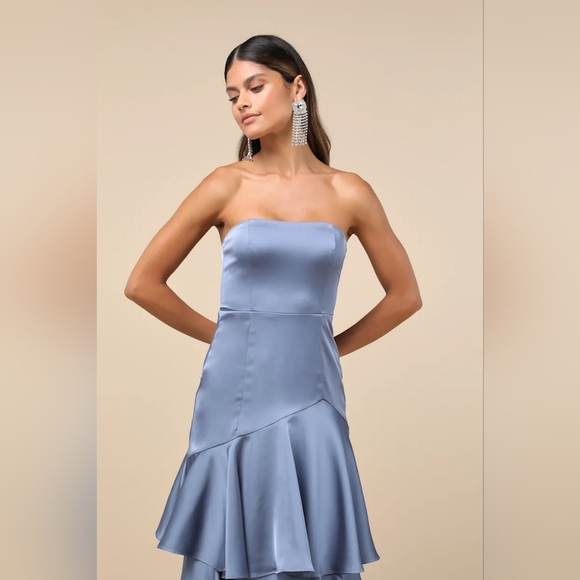 Lulus Blissfully Beautiful Slate Satin Strapless Tiered Maxi Dress Wedding Party - Picture 4 of 8